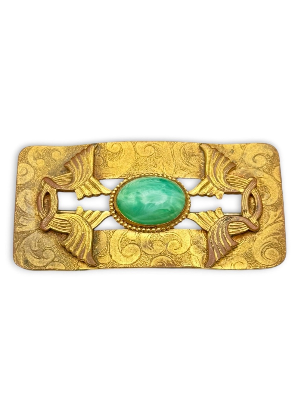 Antique Brass & Swirled Satin Green Art Glass Cabochon Sash Pin